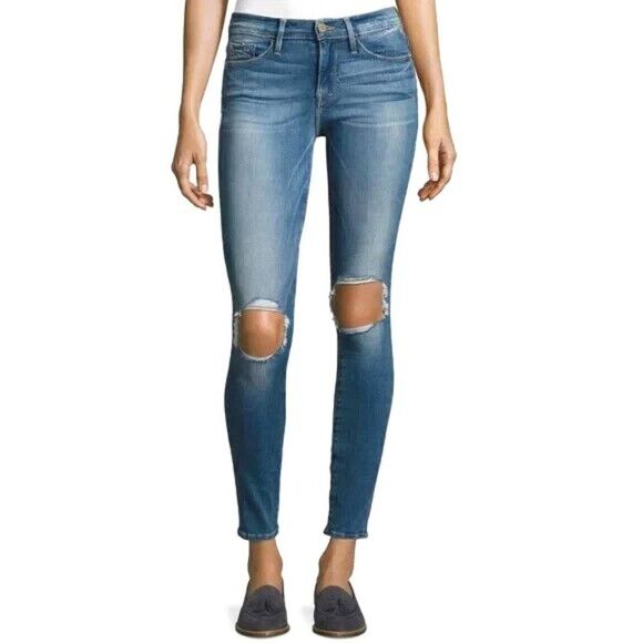 Frame Denim Le Skinny de Jeanne Jeans Distressed Blue Light‎ Wash Womens 25 - Picture 1 of 14